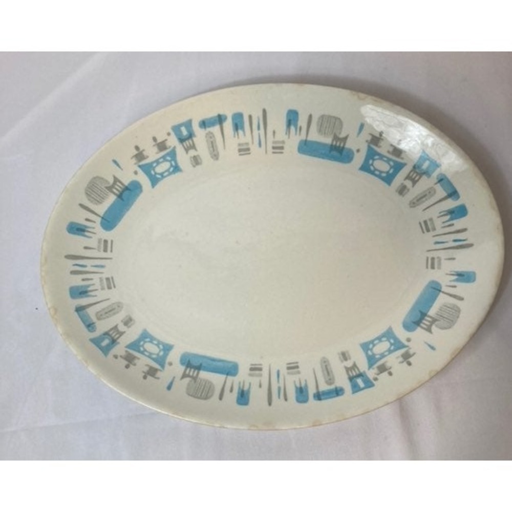 Vintage MCM Blue Heaven Atomic Oval Serving Platter‎ Turquoise Grey 13.5"